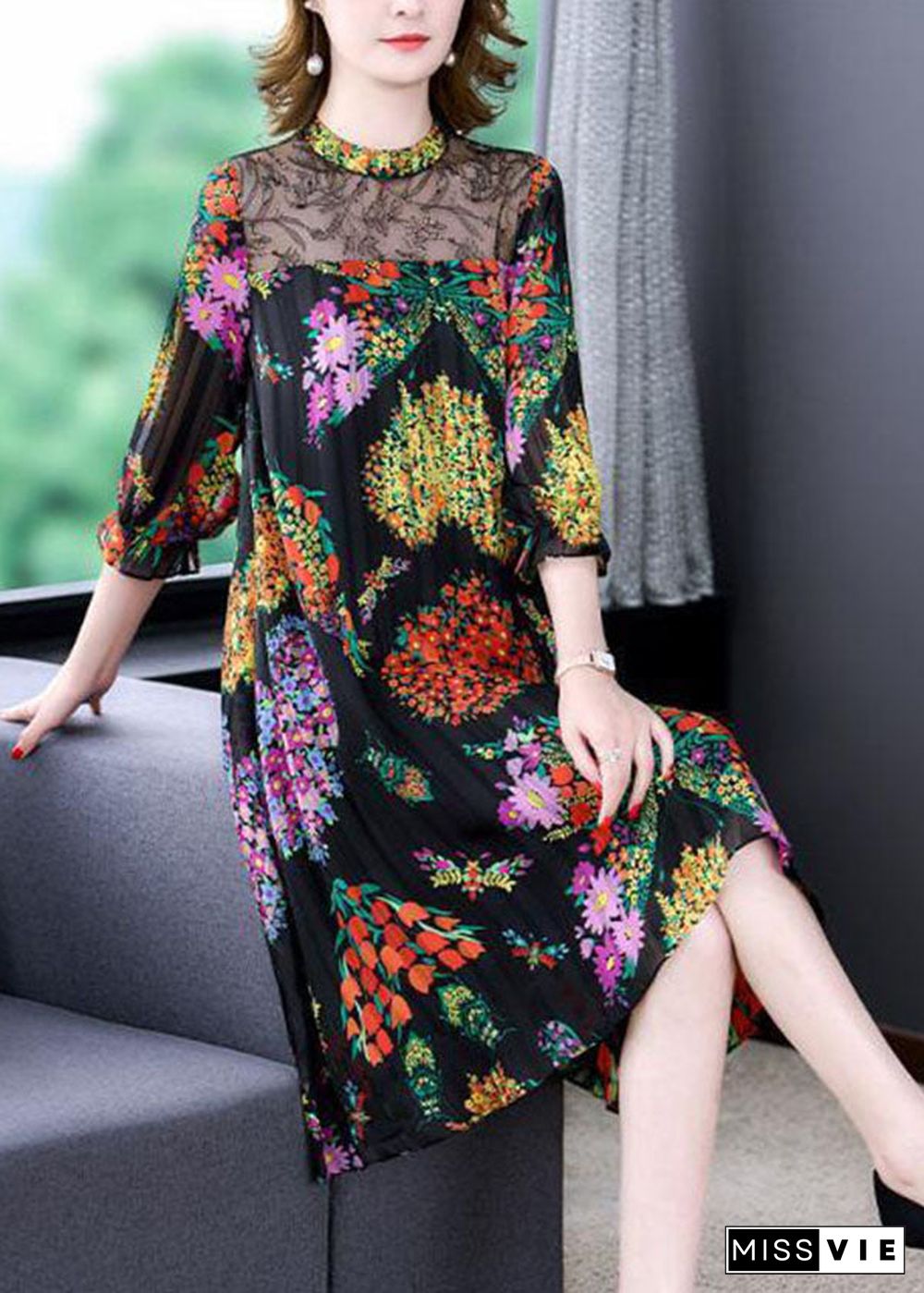 Unique Black Stand Collar Lace Patchwork Hollow Out Print Chiffon Dress Bracelet Sleeve