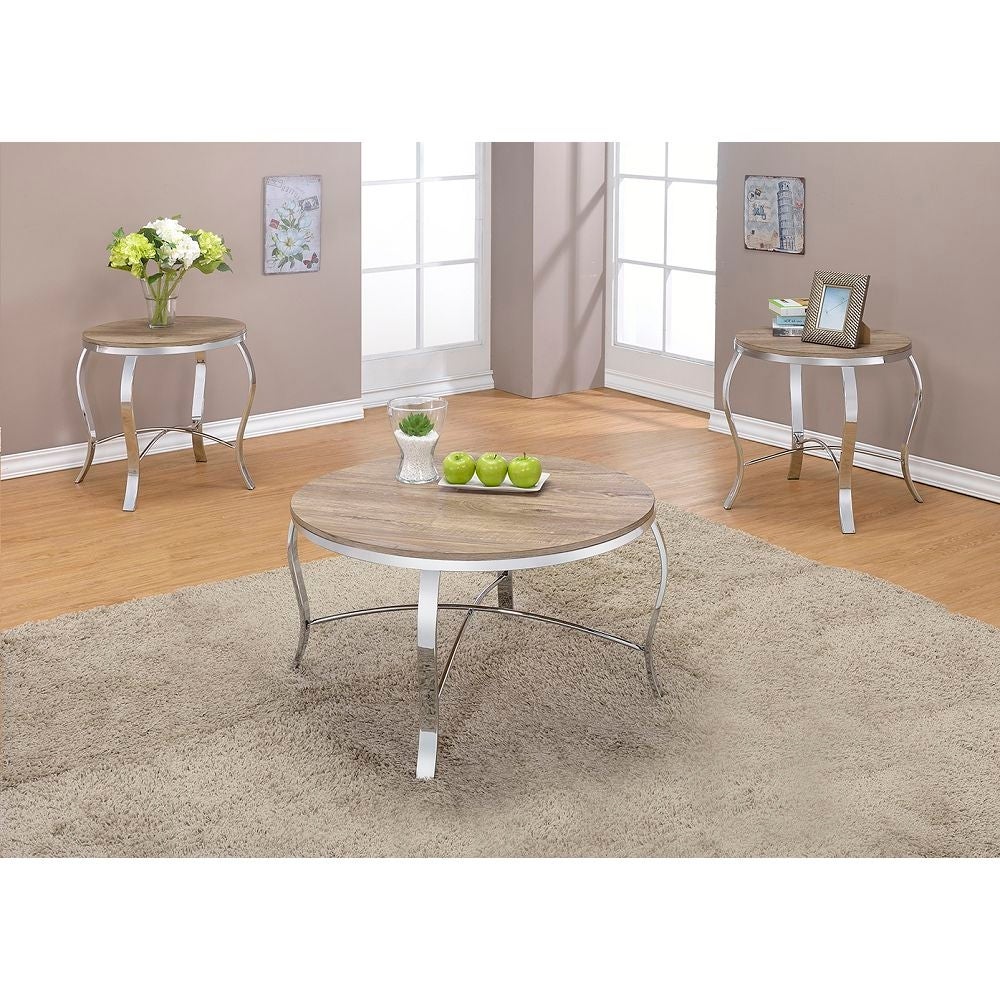 Malai Coffee/End Table Set (3Pc Pk) in Weathered Light Oak and Chrome