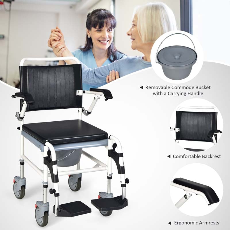 4-in-1 Bedside Commode Chair Shower Wheelchair with Detachable Bucket, Padded Mobile Toilet Chair