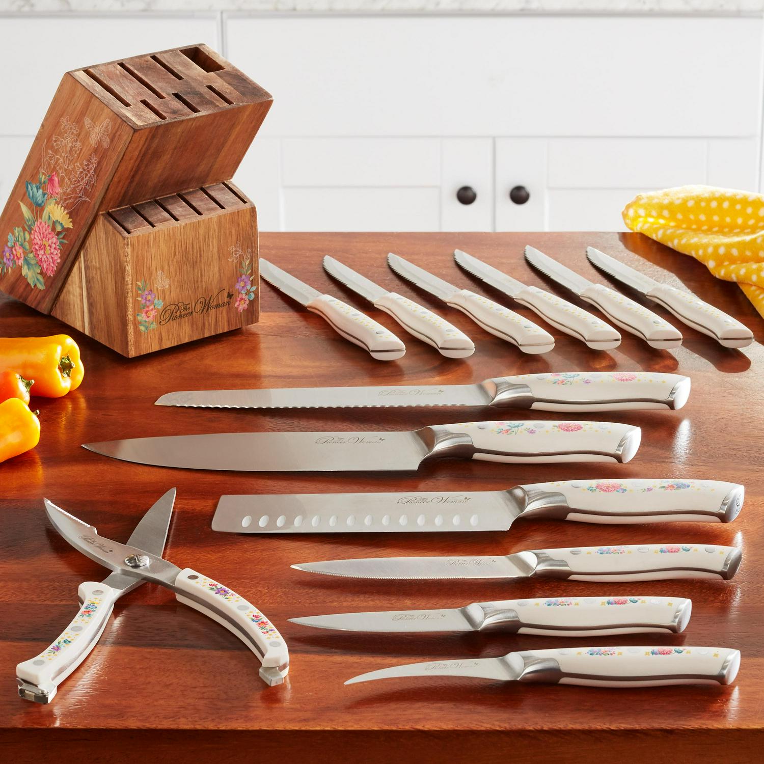 The Pioneer Woman Pioneer Signature 14Piece Stainless Steel Knife Block Set Floral  Crowdfused