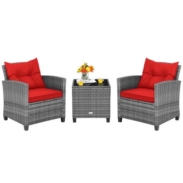 3Piece Outdoor Wicker Patio Furniture Set with Tempered Glass Coffee Table