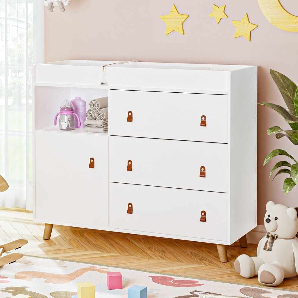 Baby Changing Table Dresser with 4 Drawers Shelf Hidden Trash Storage