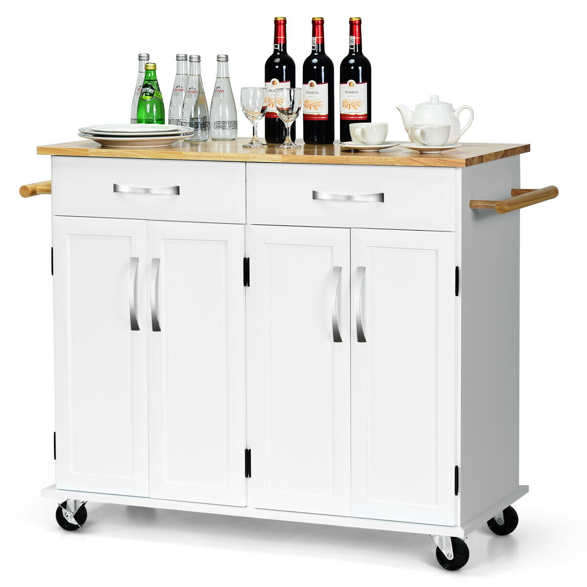 Costway Kitchen Trolley Island Utility Cart Wood Top Rolling Storage Cabinet Drawers White