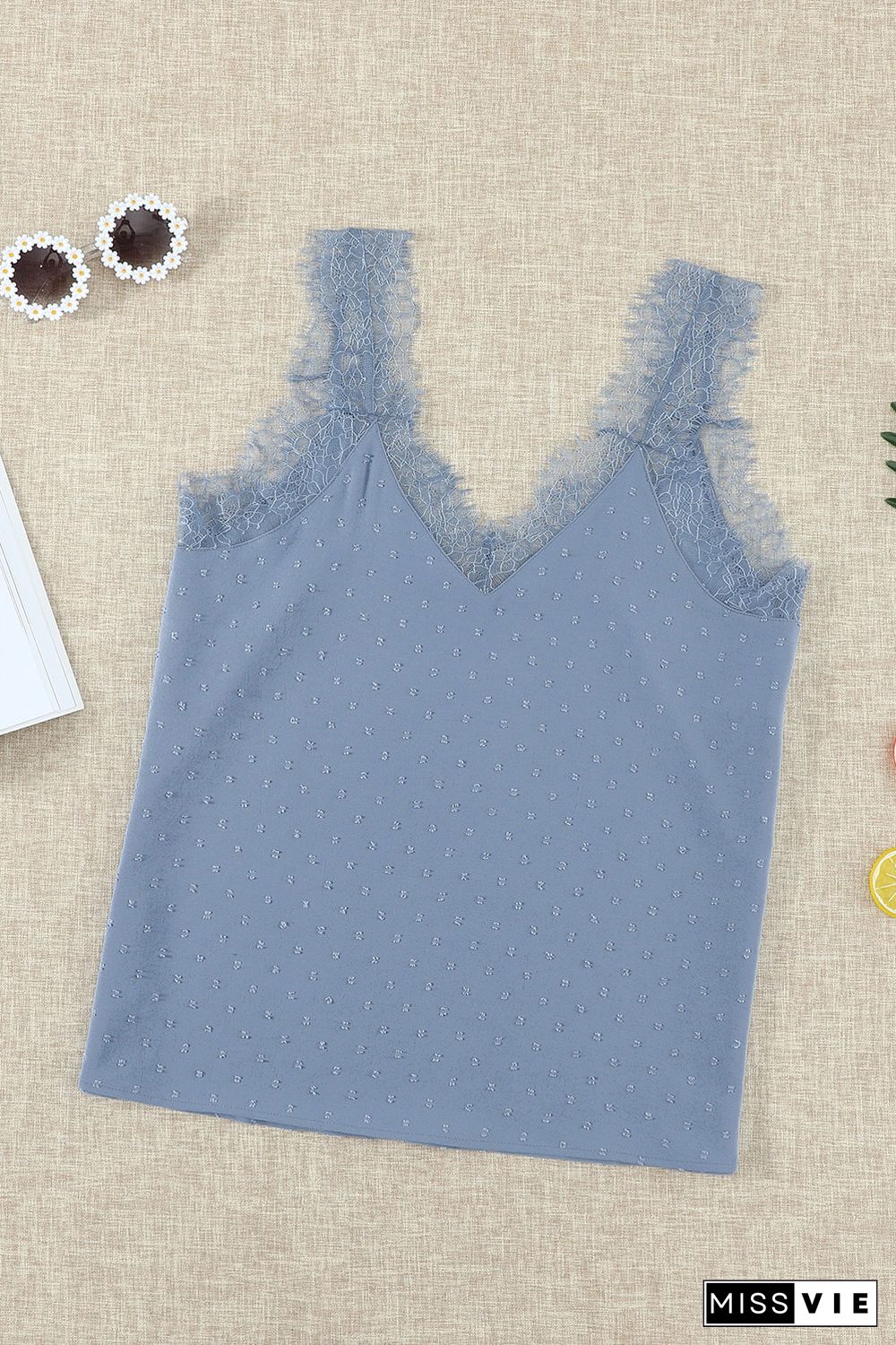 Sky Blue Eyelash V Neck Cami Tank Top