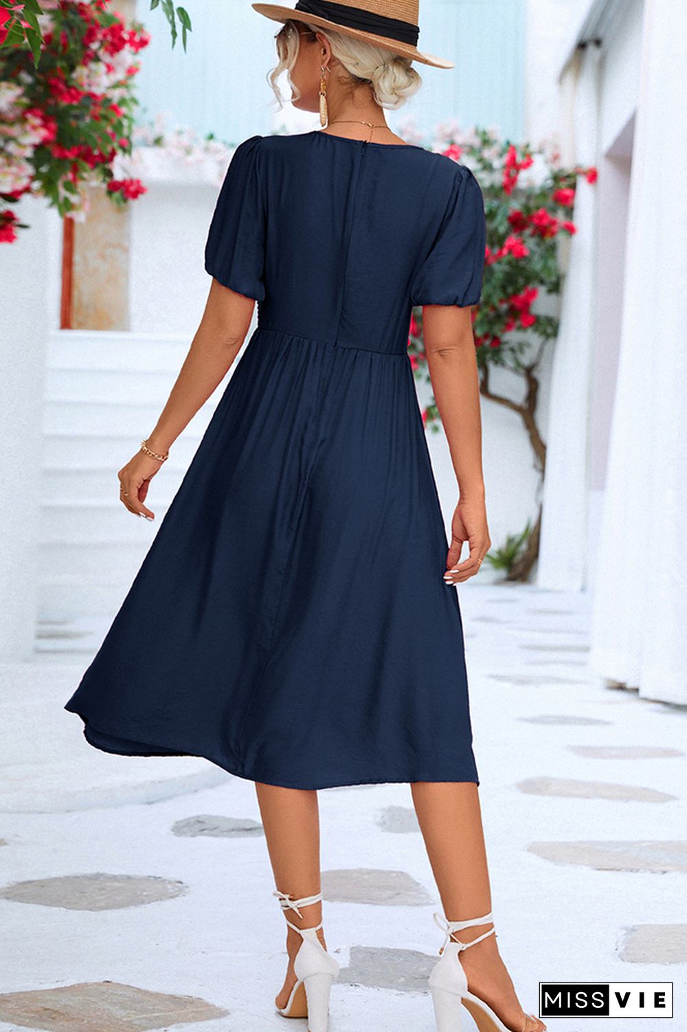 Plain V Neck Twisted Bubble Sleeves Midi Dress