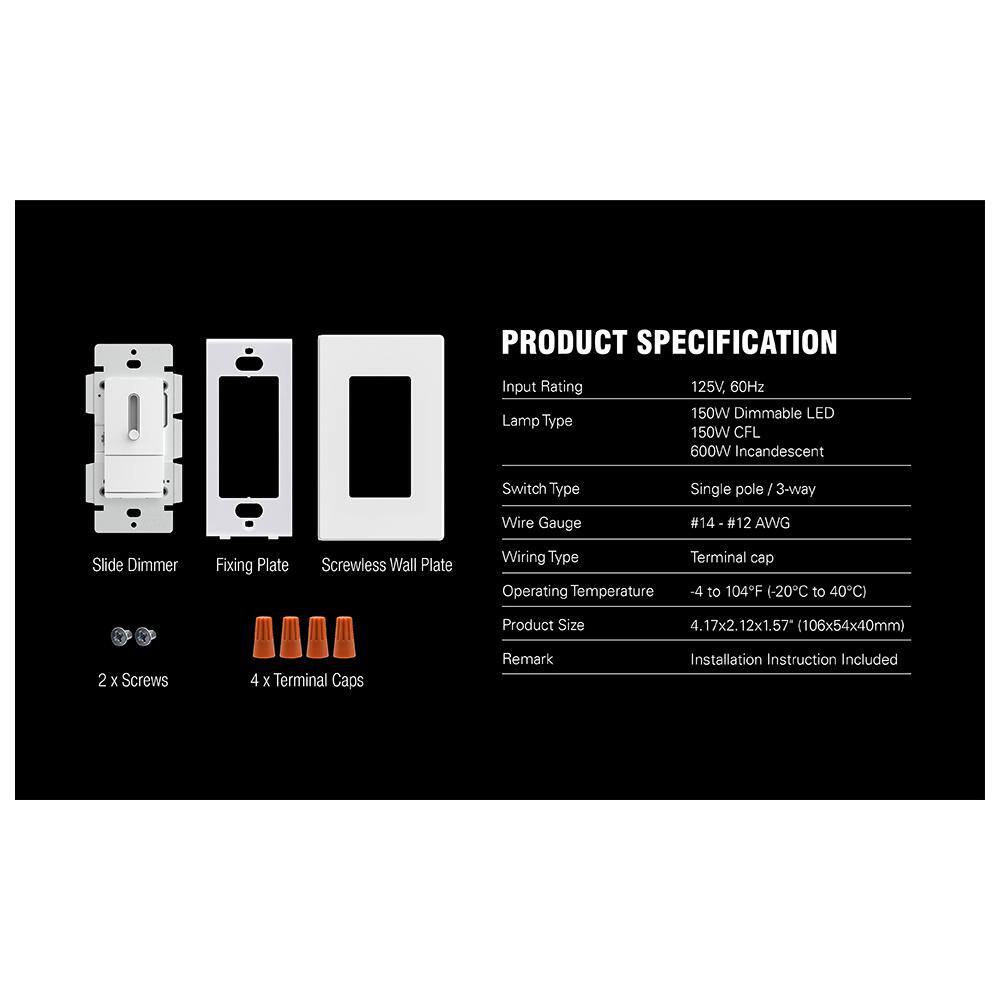 ELEGRP Slide Dimmer Switch for Dimmable LED CFLIncandescent Bulbs Single Pole 3-WayWall Plate Included White (2-Pack) DM17-WH2