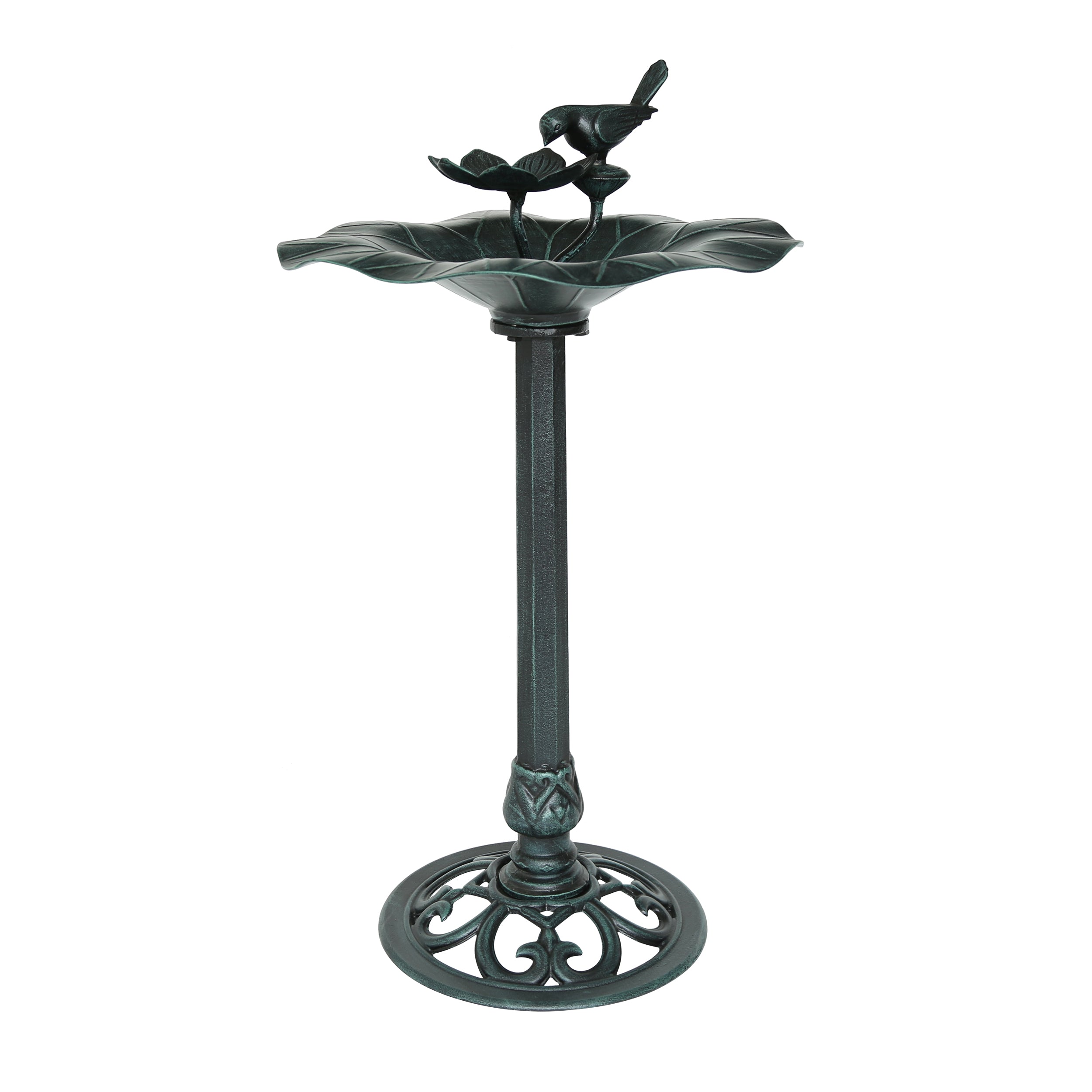 Laurent Outdoor Aluminum and Iron Bird Bath, Antique Green