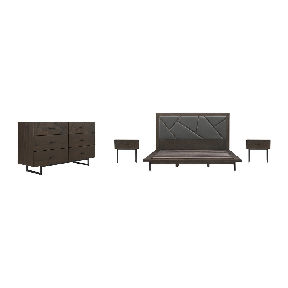 Marquis 3 or 4 Piece Platform Bed Frame Bedroom Set in Oak Wood with Faux Leather Headboard