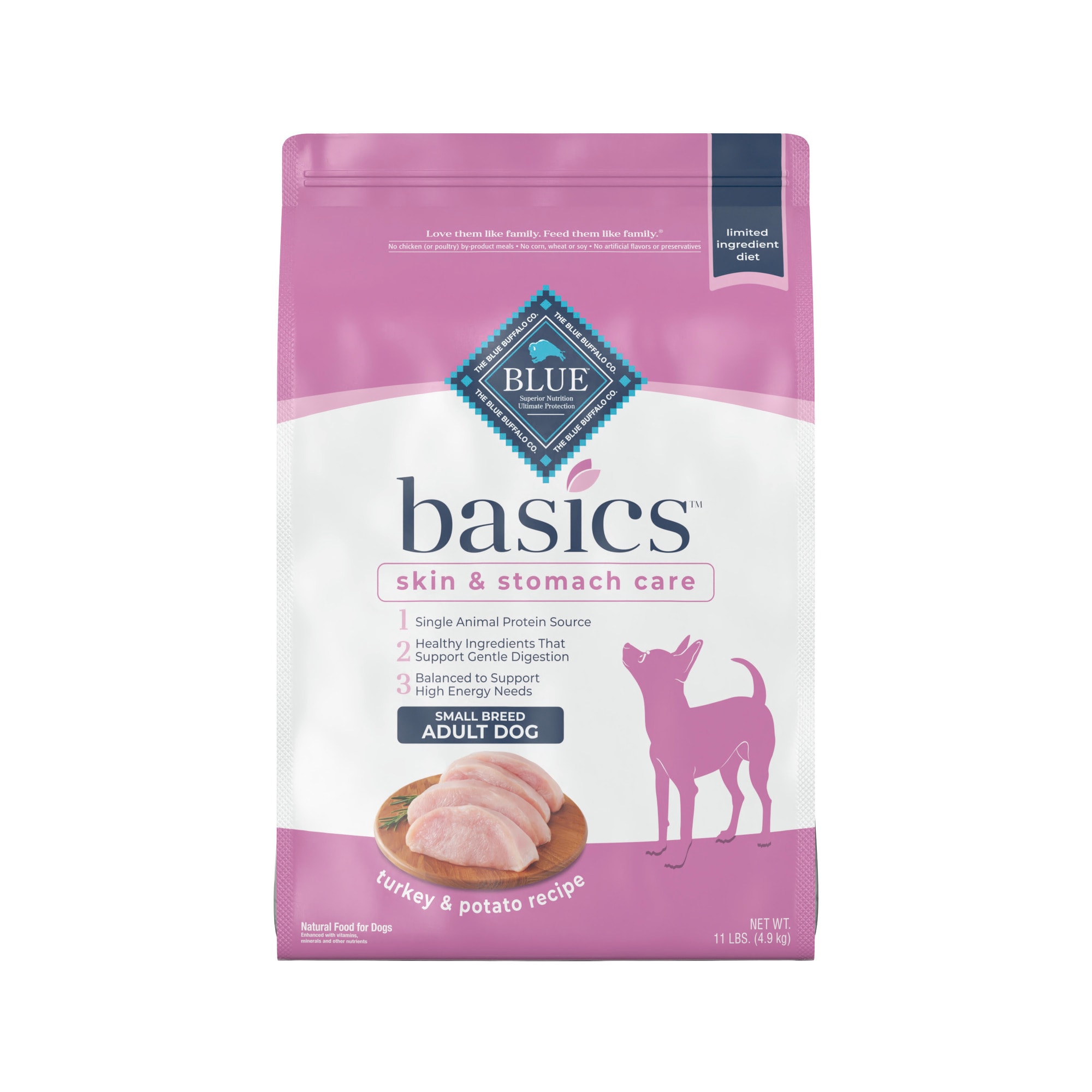 BLUE BUFFALO Blue Basics Skin amp; Stomach Care Natural Adult Turkey amp; Potato Small Breed Dry Dog Food， 11 lbs.