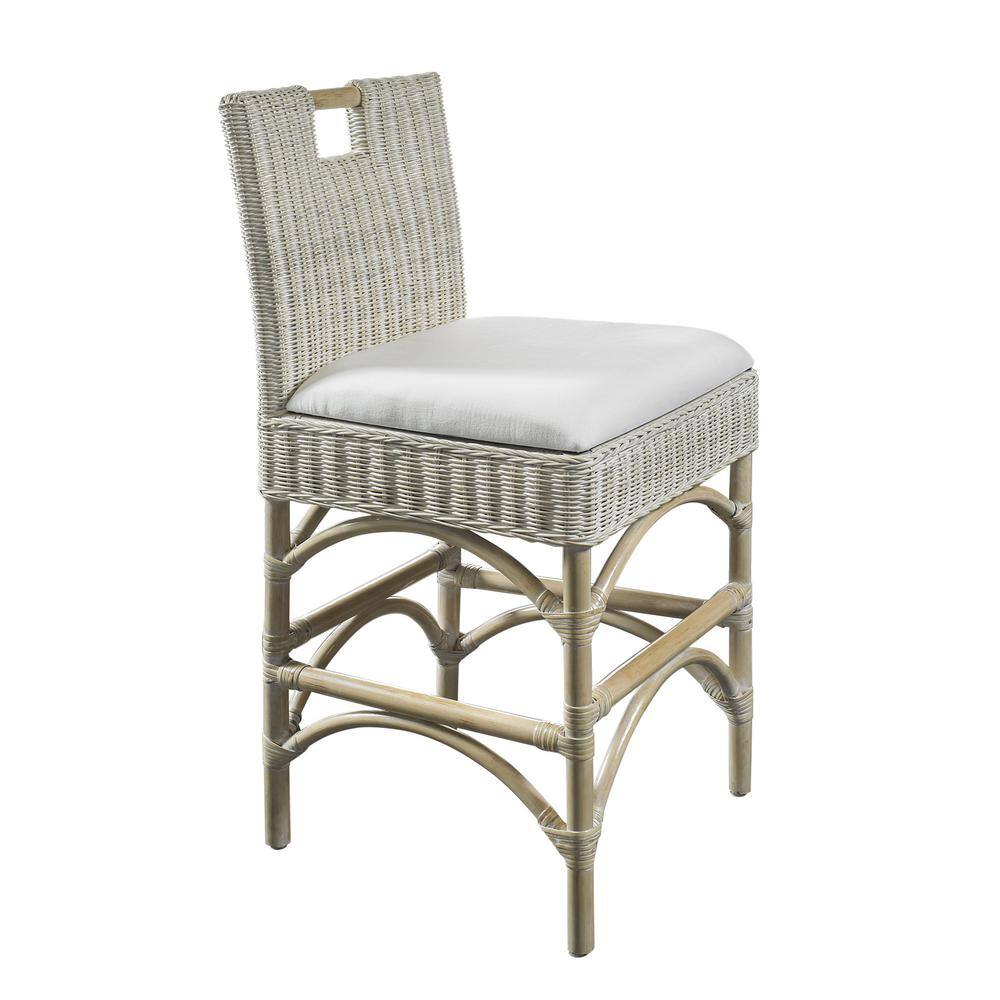 Padma's Plantation Malio 35.83 in. Whitewash Full Back Rattan Frame Counter Height (24-27 in.) Counter Stool with Fabric Seat MAL16-WHW