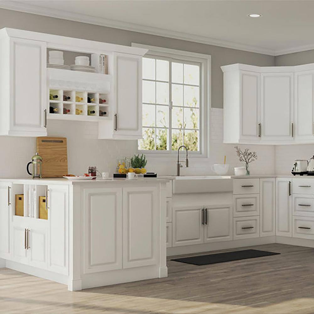 Hampton Bay Hampton Satin White Raised Panel Stock Assembled Base Kitchen Cabinet (9 in. x 34.5 in. x 24 in.) KBF09-SW