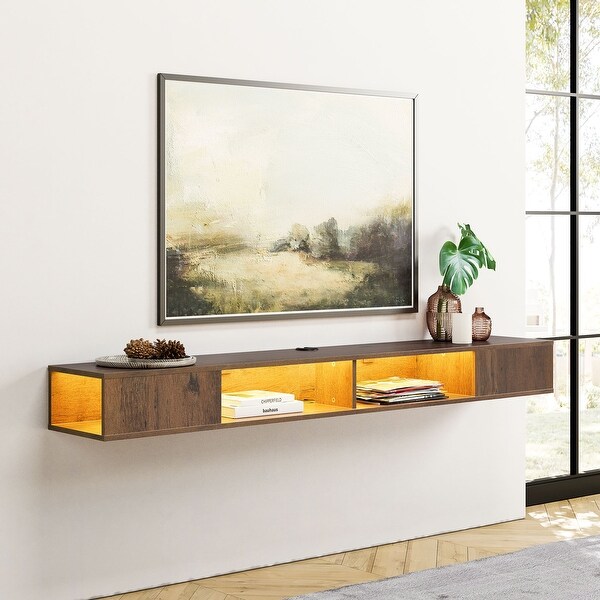 Floating Wall Mounted TV Stand with Storage， Brown， 70 Inch