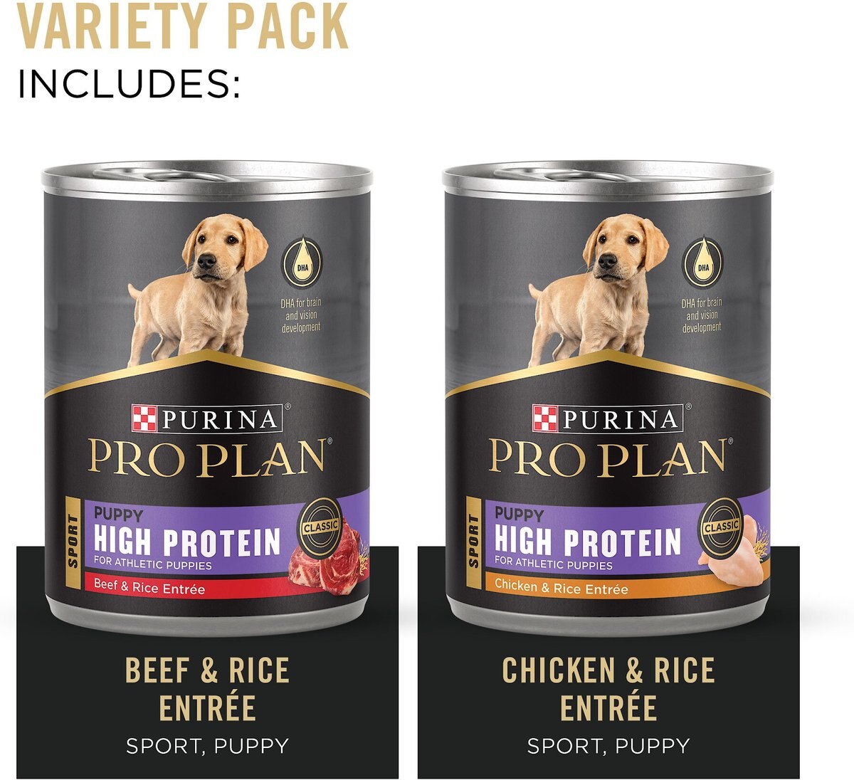 Purina Pro Plan Sport Development Puppy High Protein Beef and Rice Entrée and Chicken and Rice Entrée Variety Pack Wet Dog Food， 13-oz can， case of 12