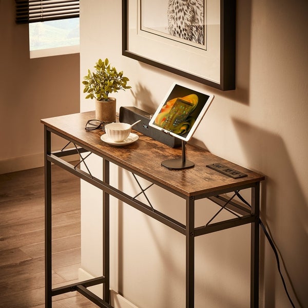 Javlergo Console Table with with Charging Station and USB Ports， Rustic Brown