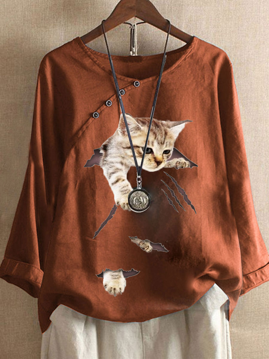 Round Neck Casual Loose Cat Print Long Sleeve Blouse