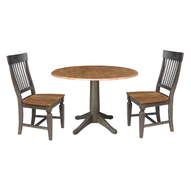 Round Dual Drop Leaf Dining Table With 2 Slat Back Chairs Hickory washed Coal International Concepts