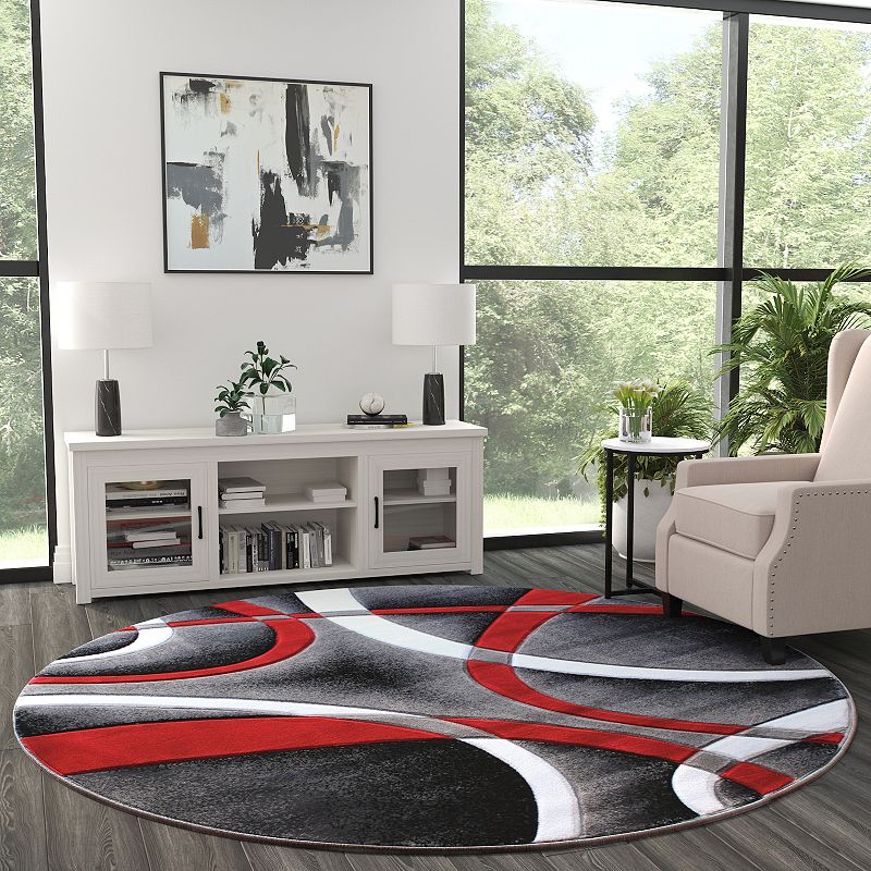 Masada Rugs Masada Rugs Sophia Collection 8'x8' Round Area Rug with Hand Carved Intersecting Arch Design in Red， White， Gray and Black