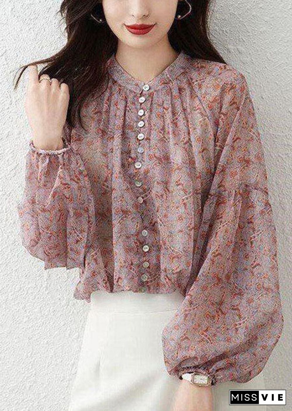 Bohemian Pink Stand Collar Print Chiffon Shirt Top Lantern Sleeve