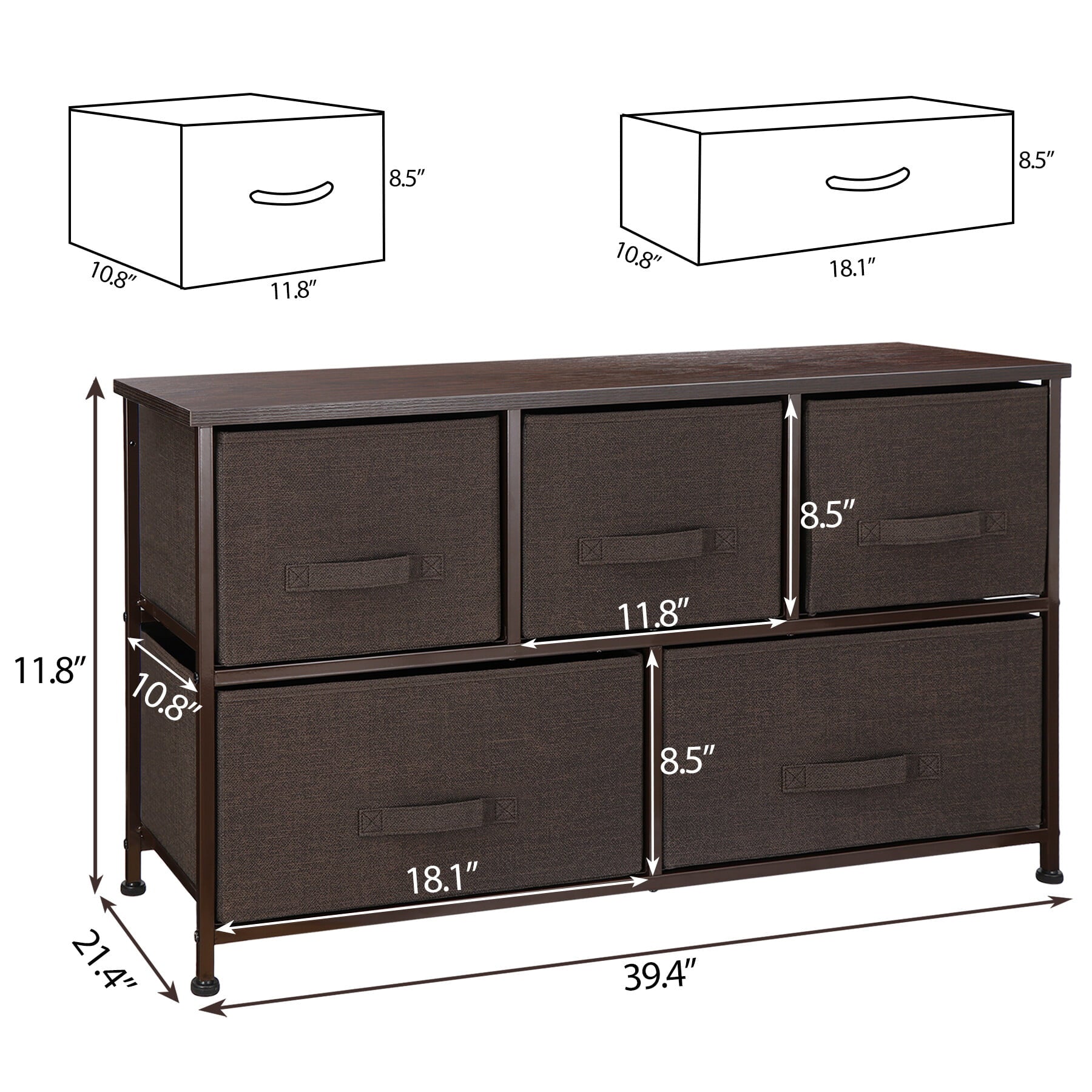 HomGarden Modern 2-Tier Storage Dresser W/5-Drawers, Wide Chest Fabric Organizer Furniture Brown