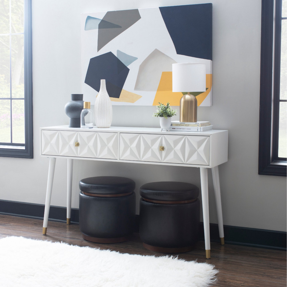 Contemporary Console Table  Geometric Accented Drawers With Golden Knobs  White   Midcentury   Console Tables   by Decor Love  Houzz