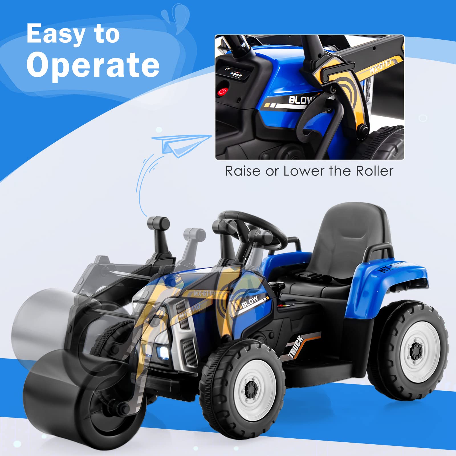 Costzon Ride on Car, 12V Road Roller with Remote Control, Battery Powered Electric Tractor