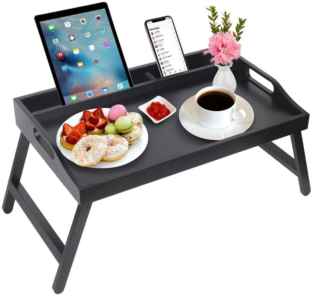 Artmalle Bed Tray Table with Handles Folding Legs Bamboo White Breakfast Food Tray with Media Slot, Black Tray Laptop Desk,Snack,TV Tray Kitchen Serving Tray,19.7x11.8inche