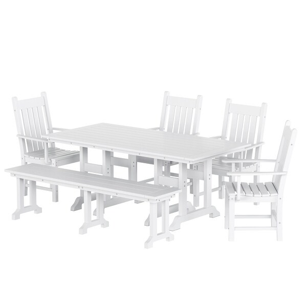 Polytrends Laguna Hdpe All Weather Outdoor Patio Dining Set with Rectangle Table，Arm Chairs and Bench (6Piece Set)