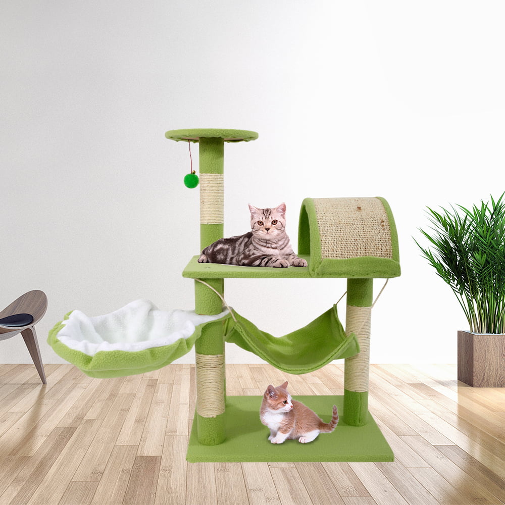 Lowestbest 32" Multi-Level Cat Activity Tree, Cute Sisal Play House Climber Activity Centre Cat Tower Stand Furniture with Scratching Posts Hammock Dangling Ball, Suit for Cats Pet, Green