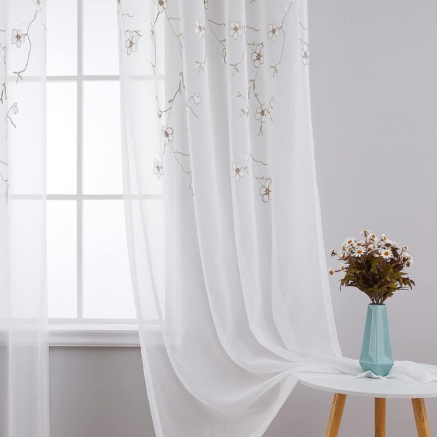 Floral Embroidery Sheer Curtains Flower Voile Semi Sheers Drape Panels Grommet Curtains For Living Room Bedroom