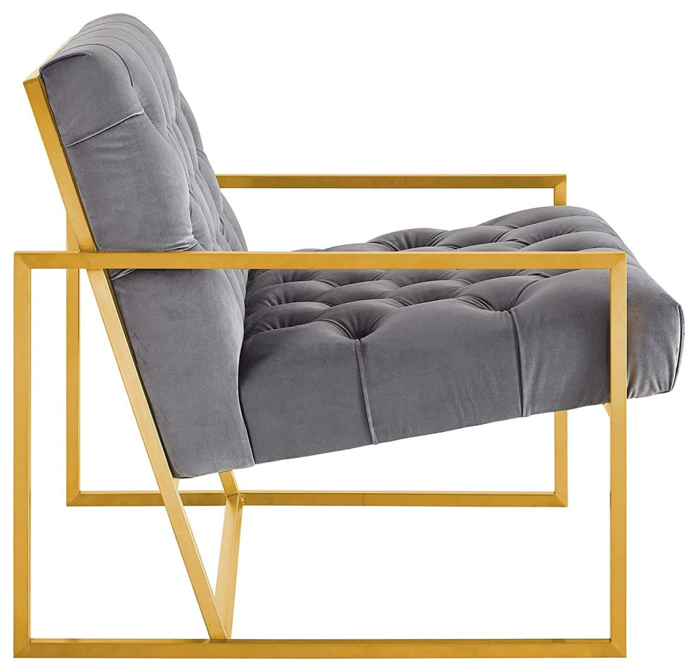 Modern Accent Chair  Gold Stainless Steel Frame With Velvet Button Tufting  Gray   Traditional   Armchairs And Accent Chairs   by Declusia  Houzz