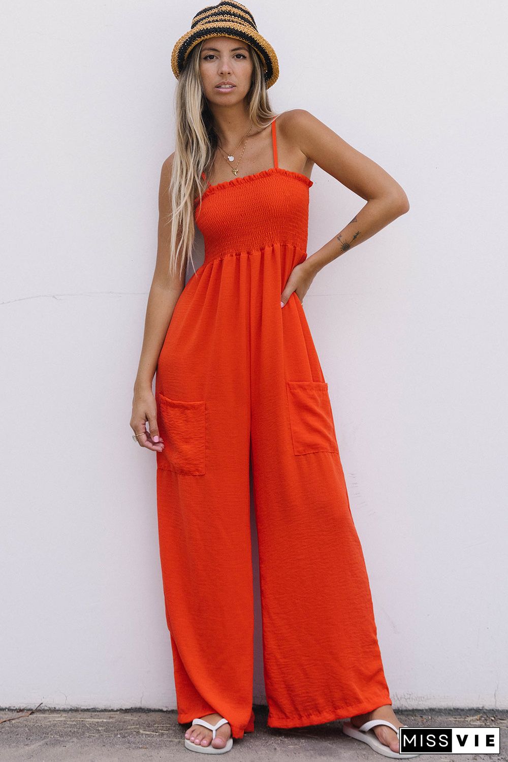 Smocked Spaghetti Straps Wide Leg Jumpsuit