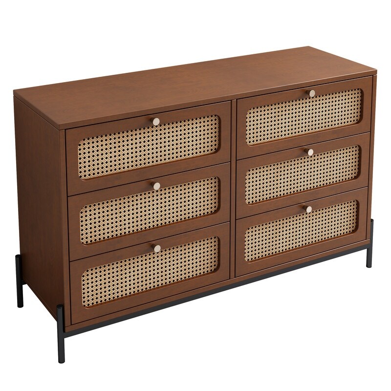 47'' Modern Solid Wood 6 Drawer Dresser with Rattan Decorative Doors (2 Colors）