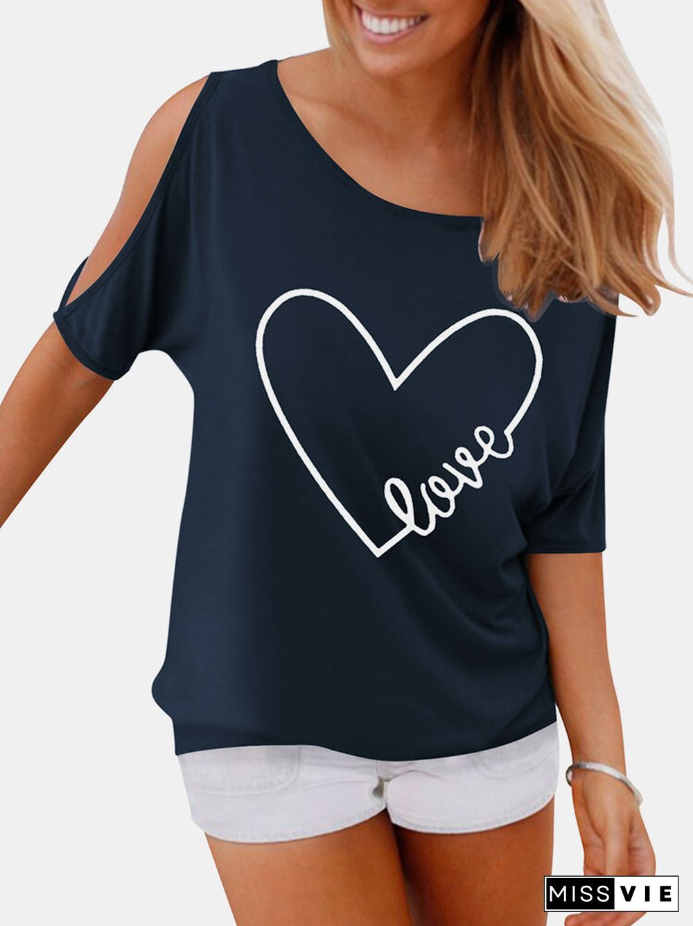 Letters Heart Printed O-neck Off Shoulder Blouse