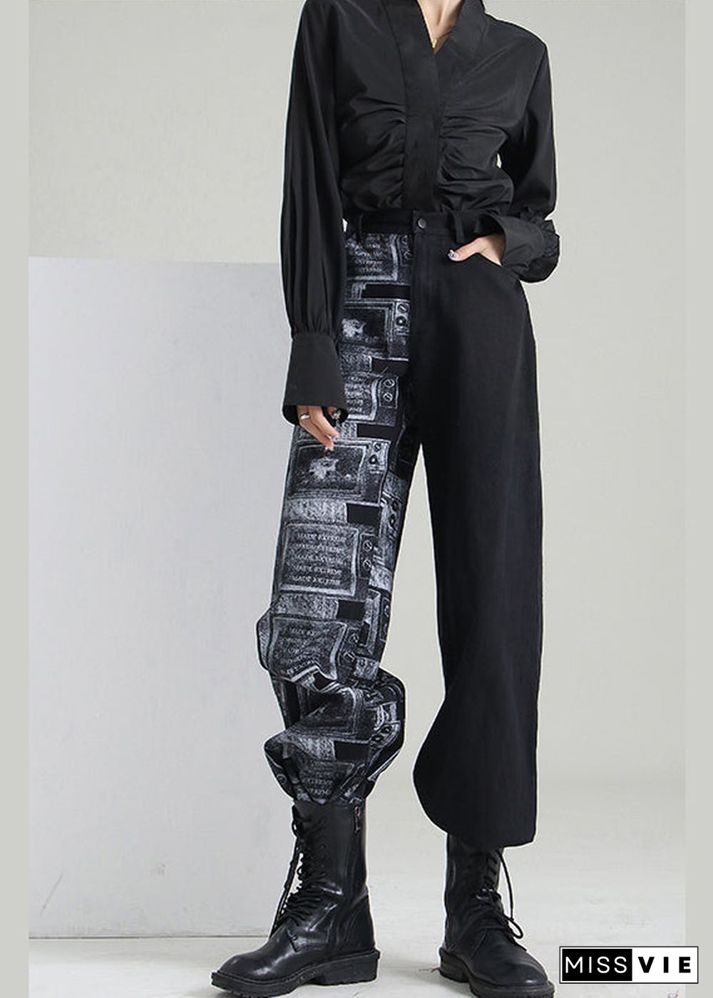 Art Black Zip Up Patchwork denim Pants Spring