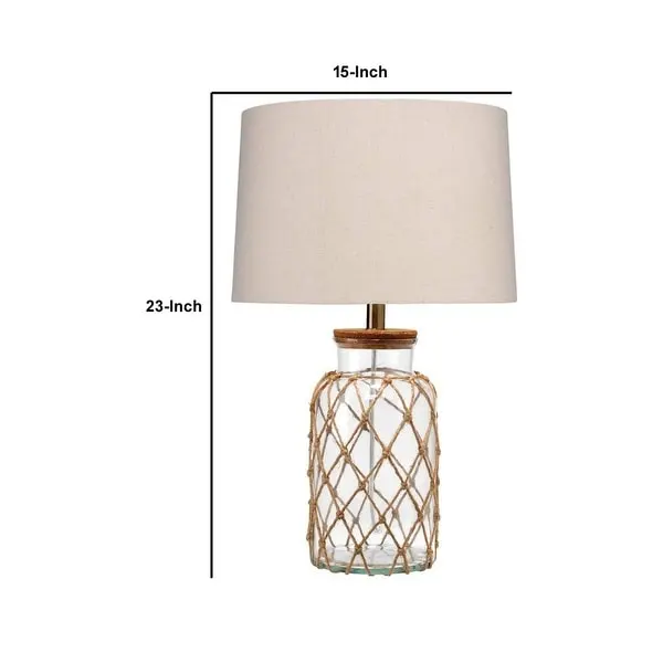 Glass Table Lamp with Jute Wrapped Design， Clear and Brown