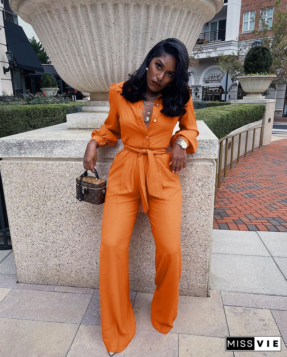 Solid Turn Down Collar Wide Leg Jumpsuit With Belt