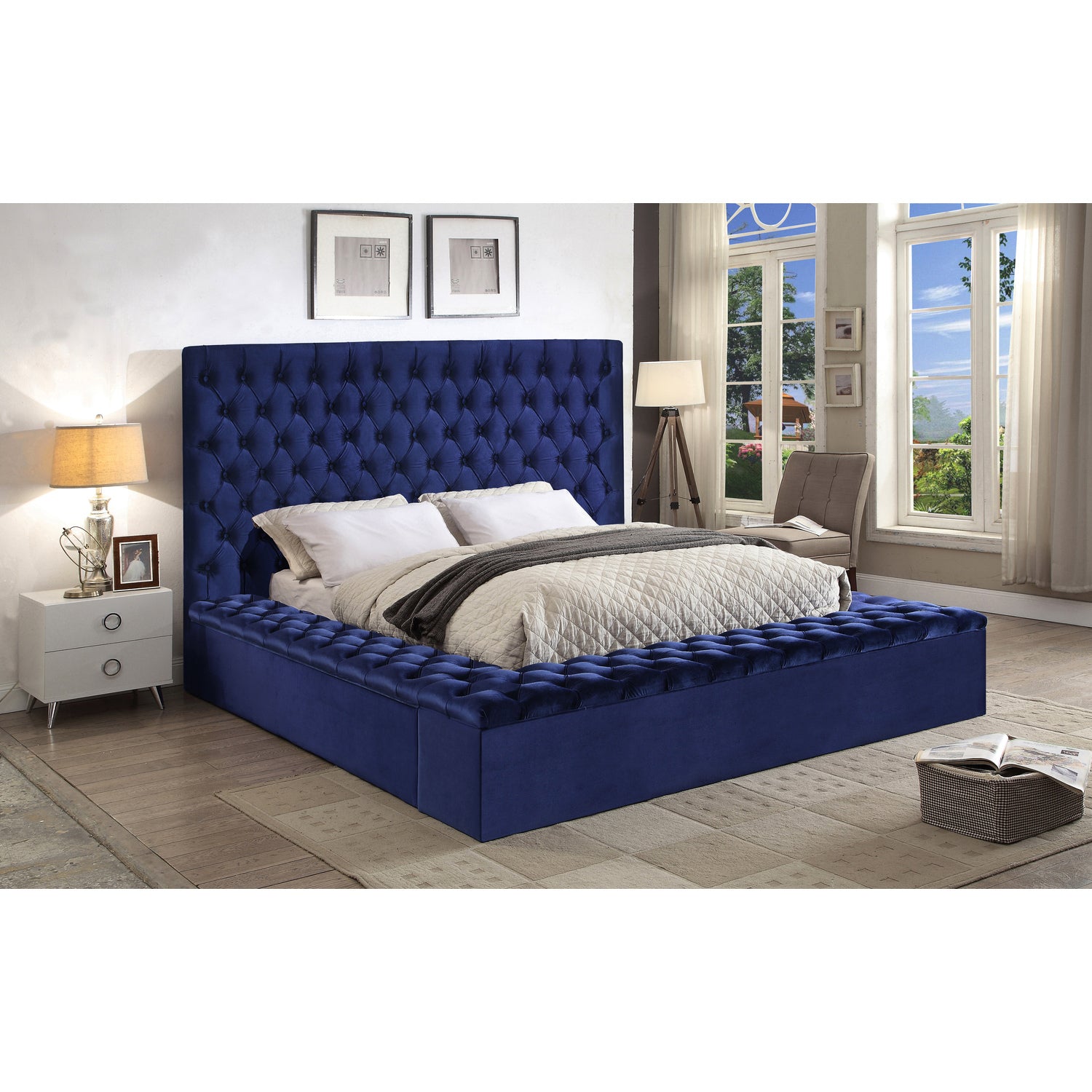 Bliss Navy Velvet King Bed (3 Boxes)-Color:Navy Velvet,Style:Contemporary