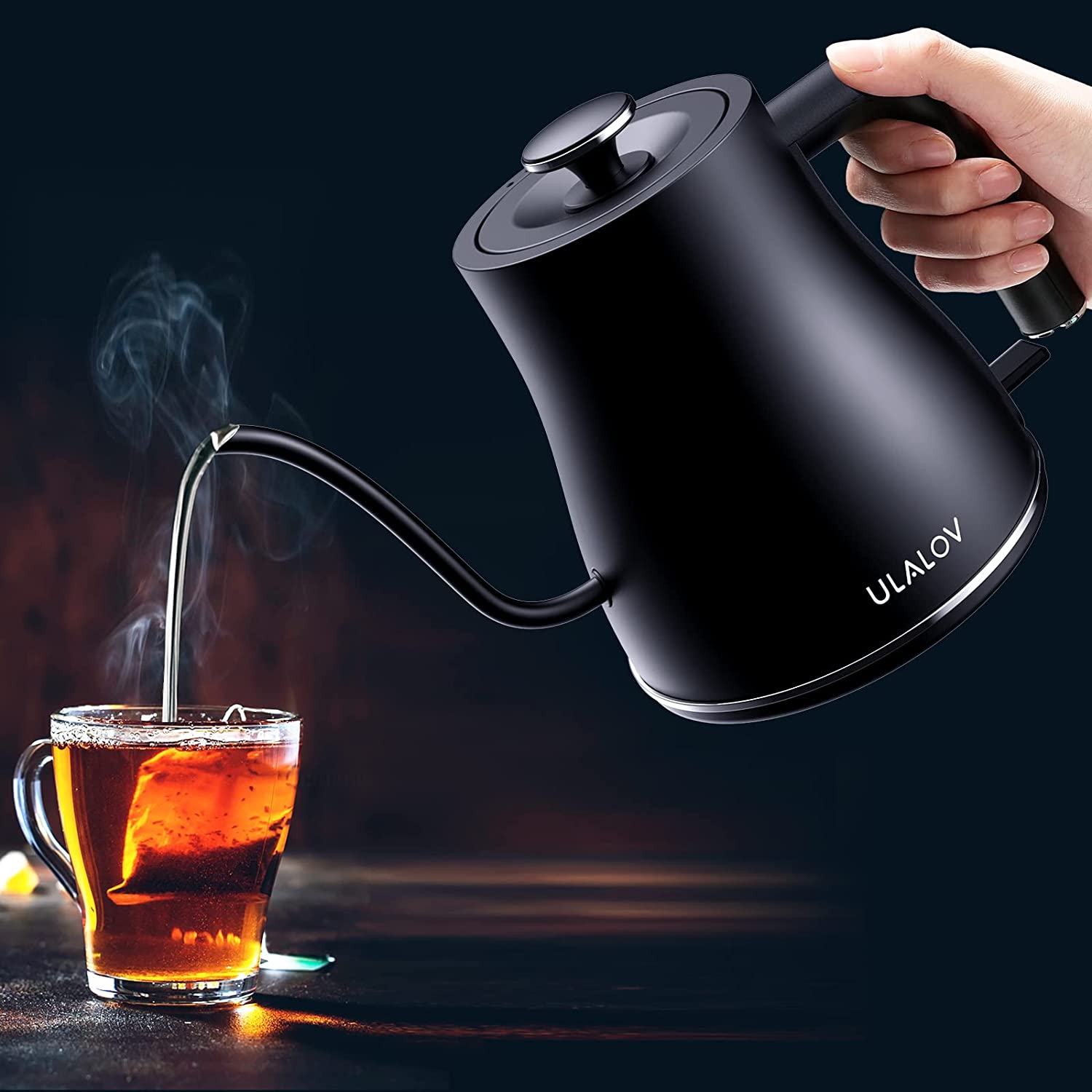 Ulalov Electric Gooseneck Kettle Ultra Fast Boiling Hot Water Kettle 100% Stainless Steel for Pour-over Coffee and Tea， Leak-Proof Design， Auto Shutoff Anti-dry Protection， 1200W-0.8L， Matte Black