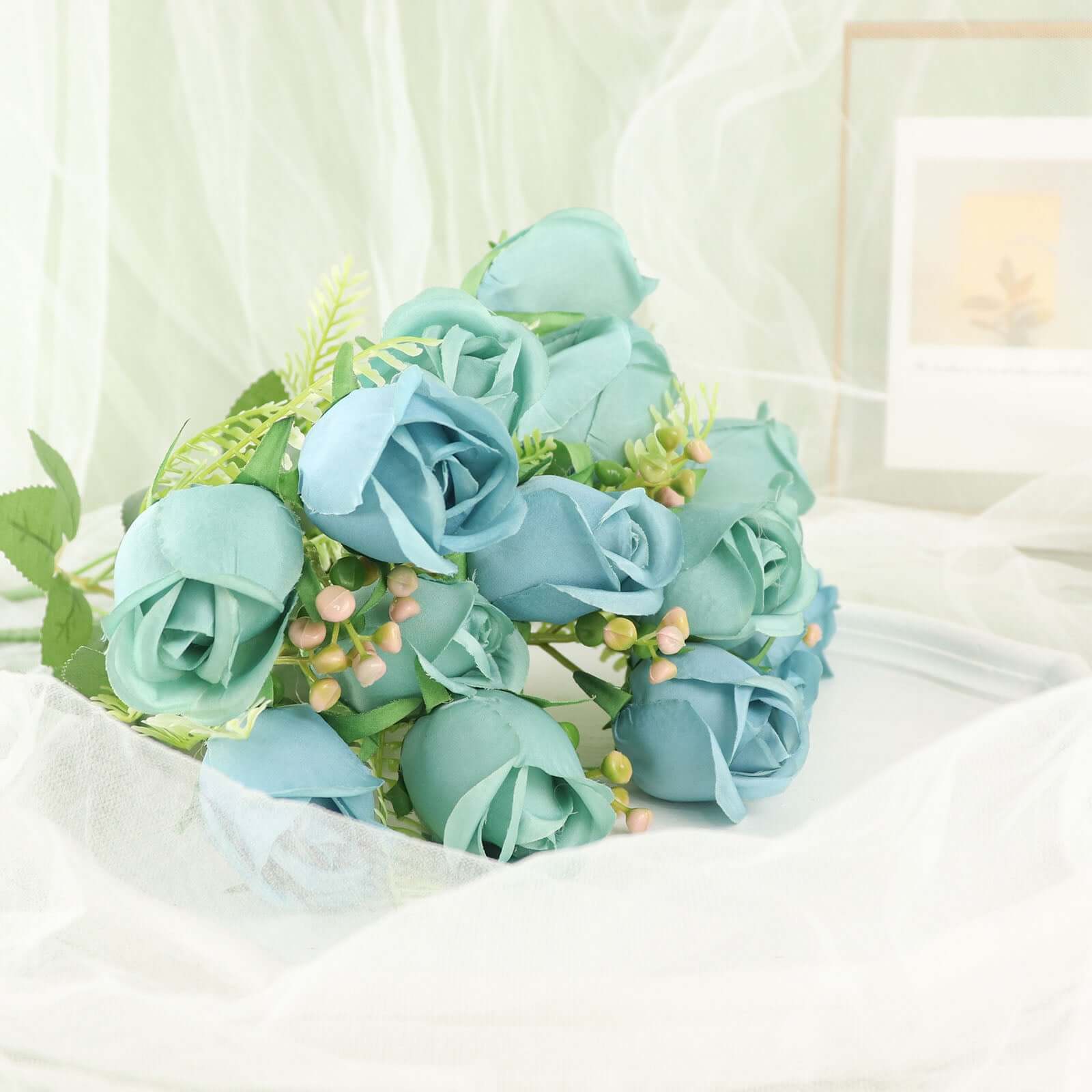 3 Pack Dusty Blue Real Touch Artificial Rose Bud Flower Bridal Bouquets, Silk Floral Bush Arrangements 13