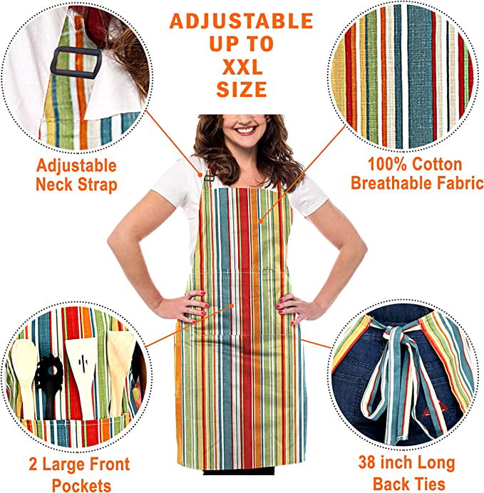 Ruvanti Cute Aprons for Women with Pockets Adjustable up to XXL， Cooking， Kitchen， Server， Chef Apron-Multi Stripe