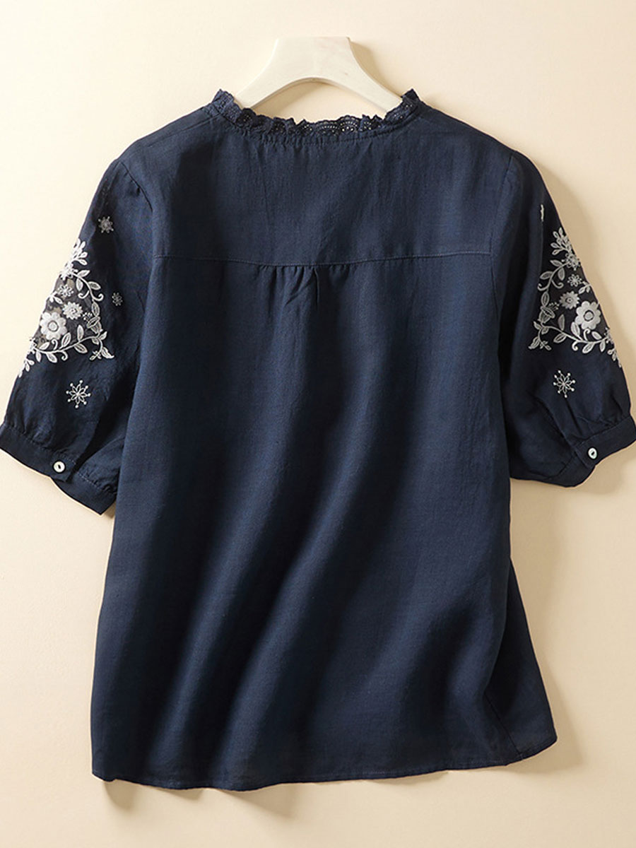 V-neck Casual Loose Embroidered Short Sleeve Blouse