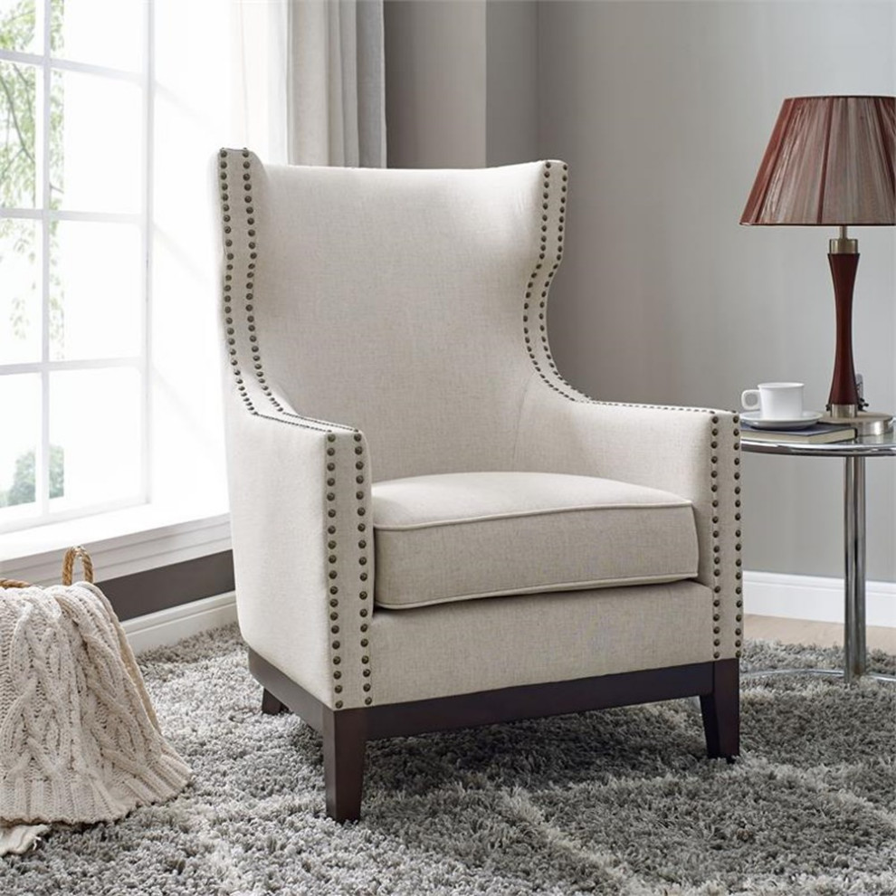 Home Square 2 Piece Linen Accent Chair Set with Nailhead Trim in Beige   Transitional   Armchairs And Accent Chairs   by Homesquare  Houzz