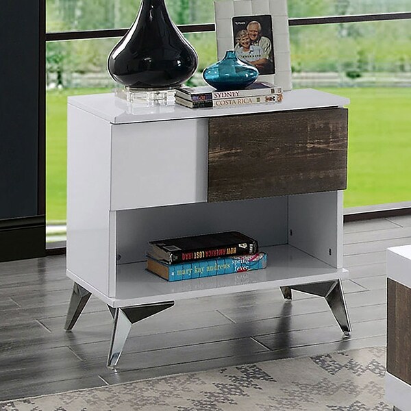 Wooden End Table with a Drawer in White and Distressed Dark Oak