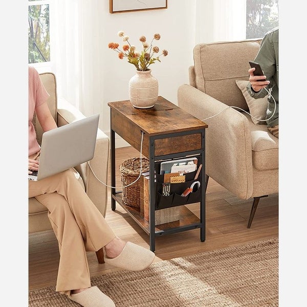 VASAGLE End Table with Charging Station， Side Table with USB Ports and Outlets， Nightstand with Storage， Fabric Bags