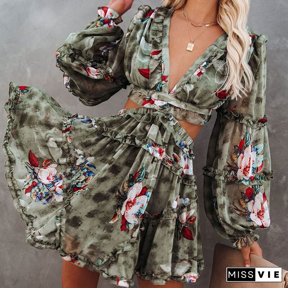 Open Back Lace Dress Female Spring Floral Print A-line Hollow Waist Outer Layered Ruffled Casual Dress