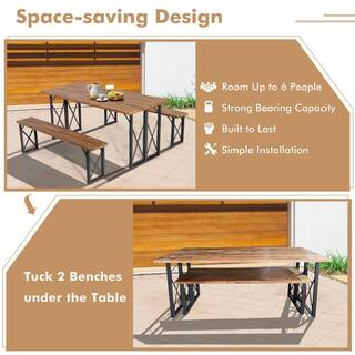 WELLFOR 67 in. L 6-Person Acacia Wood Picnic Table Bench Set with 2 in. Umbrella Hole KC-HGY-55469+