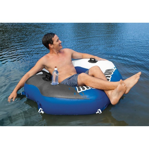 Intex River Run Single Person Inflatable Connecting Floating Lounge Tube Backrest Chair With Built in Cupholders And Mesh Bottom Blue