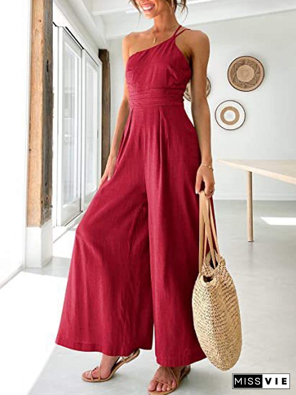 One Shoulder Wide Leg Solid Color Jumpsuit