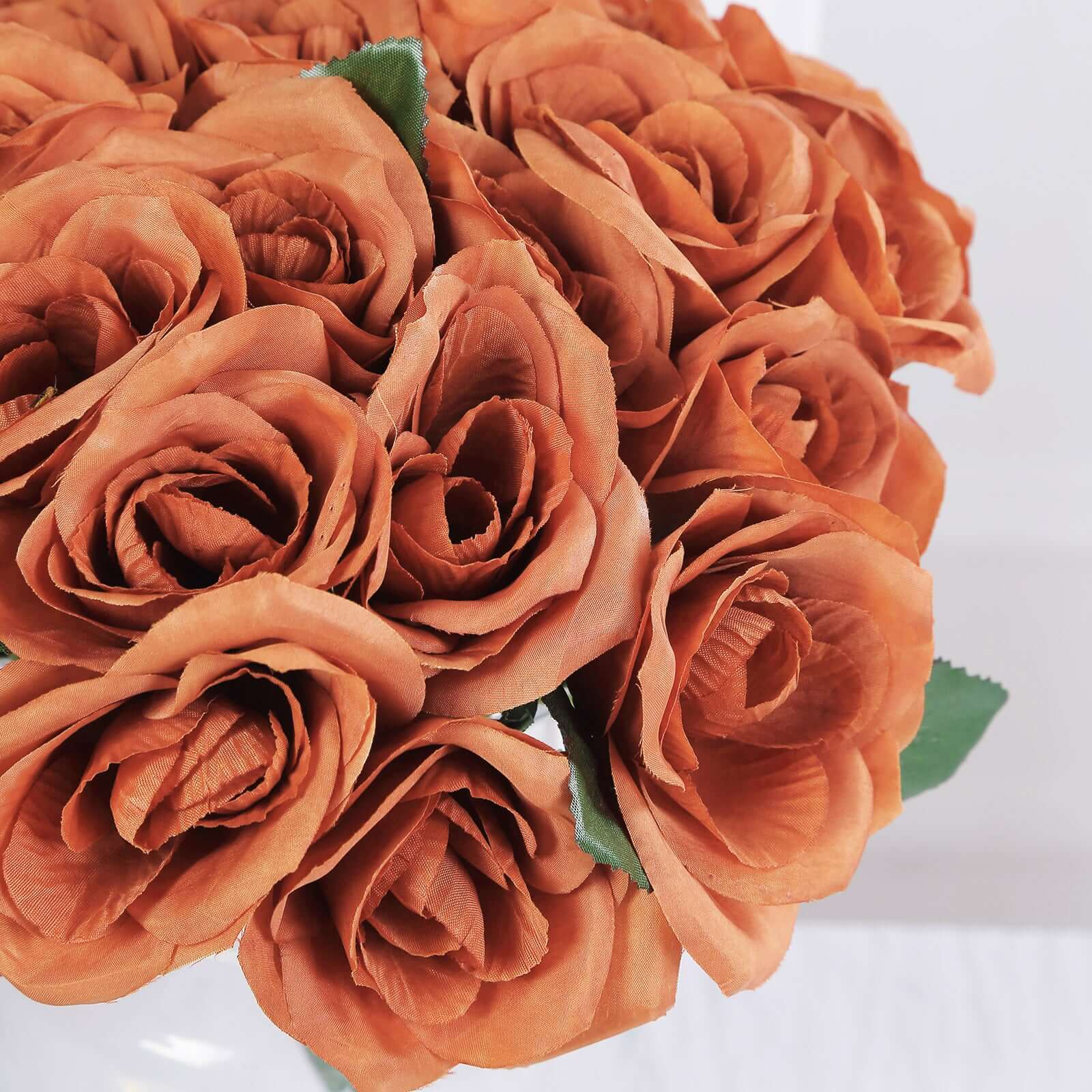 Terracotta (Rust) Artificial Velvet-Like Fabric Rose Flower Bouquet Bush 12