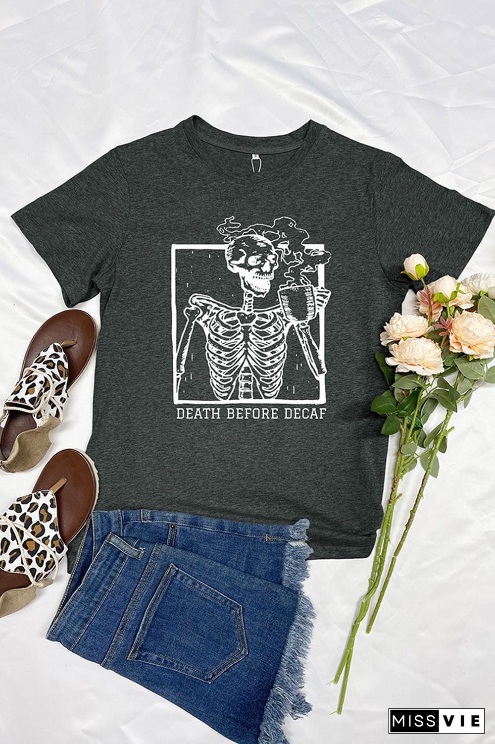 Skeleton Death Before Decaf Skeleton Drink Coffee Graphic T-Shirt Wholesale